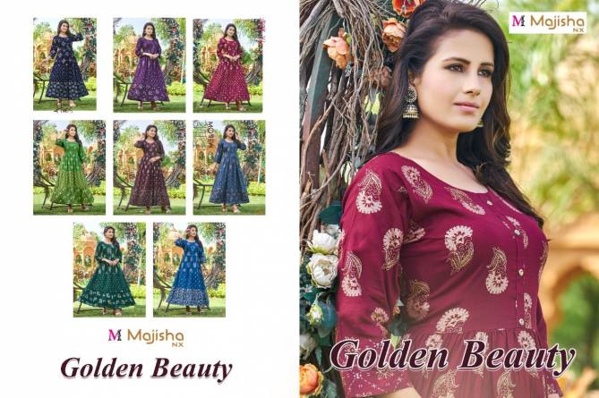 Majisha Nx Golden Beauty Ethnic Wear Rayon Long Anarkali Kurti Collection
